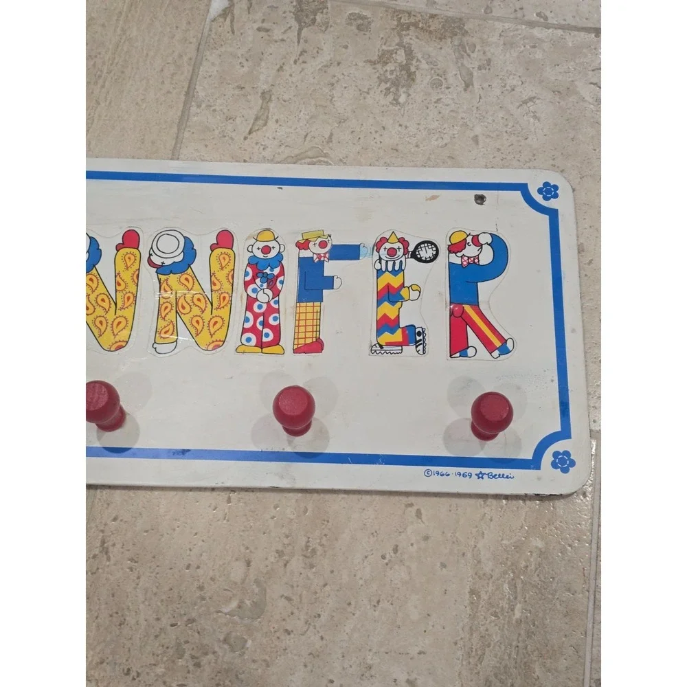 Vintage JENNIFER 1960's Children's Coat Rack 4 Peg Bellei Clowns Stickers